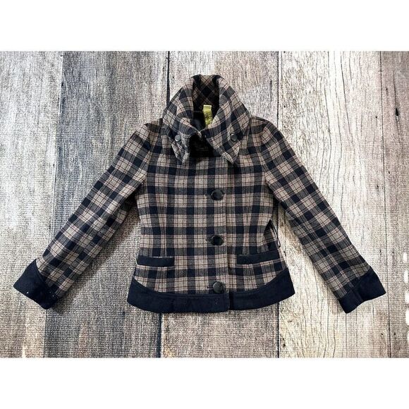 Soia & Kyo Women's Wool Blend Coat Jacket Tan Plaid Size Small Big Button - Picture 1 of 7